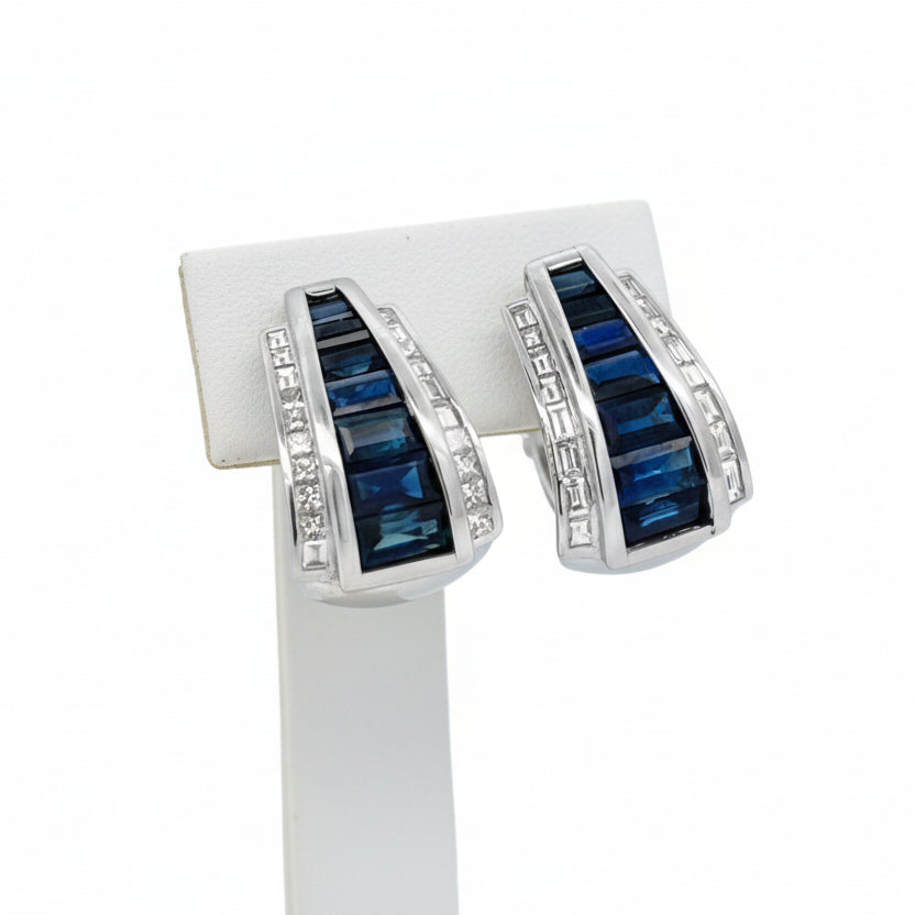 Designer Marchisio Earrings, 40 Baguette/Princess Cut Diamonds 0.95cttw G-H VS1-SI, 14 French Cut Sapphires 4.70cttw, 18K White Gold 9.81g. All Weights Estimated.