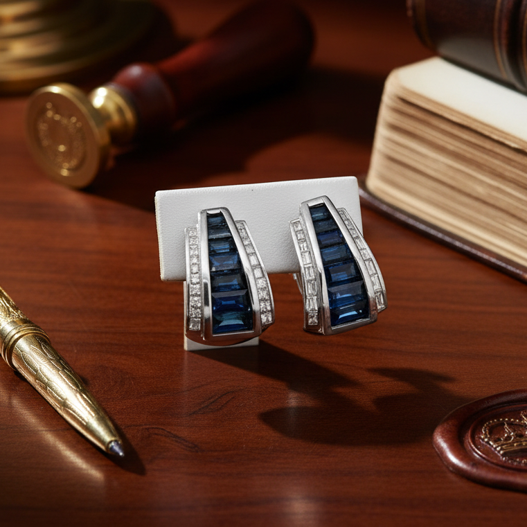 Designer Marchisio Earrings, 40 Baguette/Princess Cut Diamonds 0.95cttw G-H VS1-SI, 14 French Cut Sapphires 4.70cttw, 18K White Gold 9.81g. All Weights Estimated.