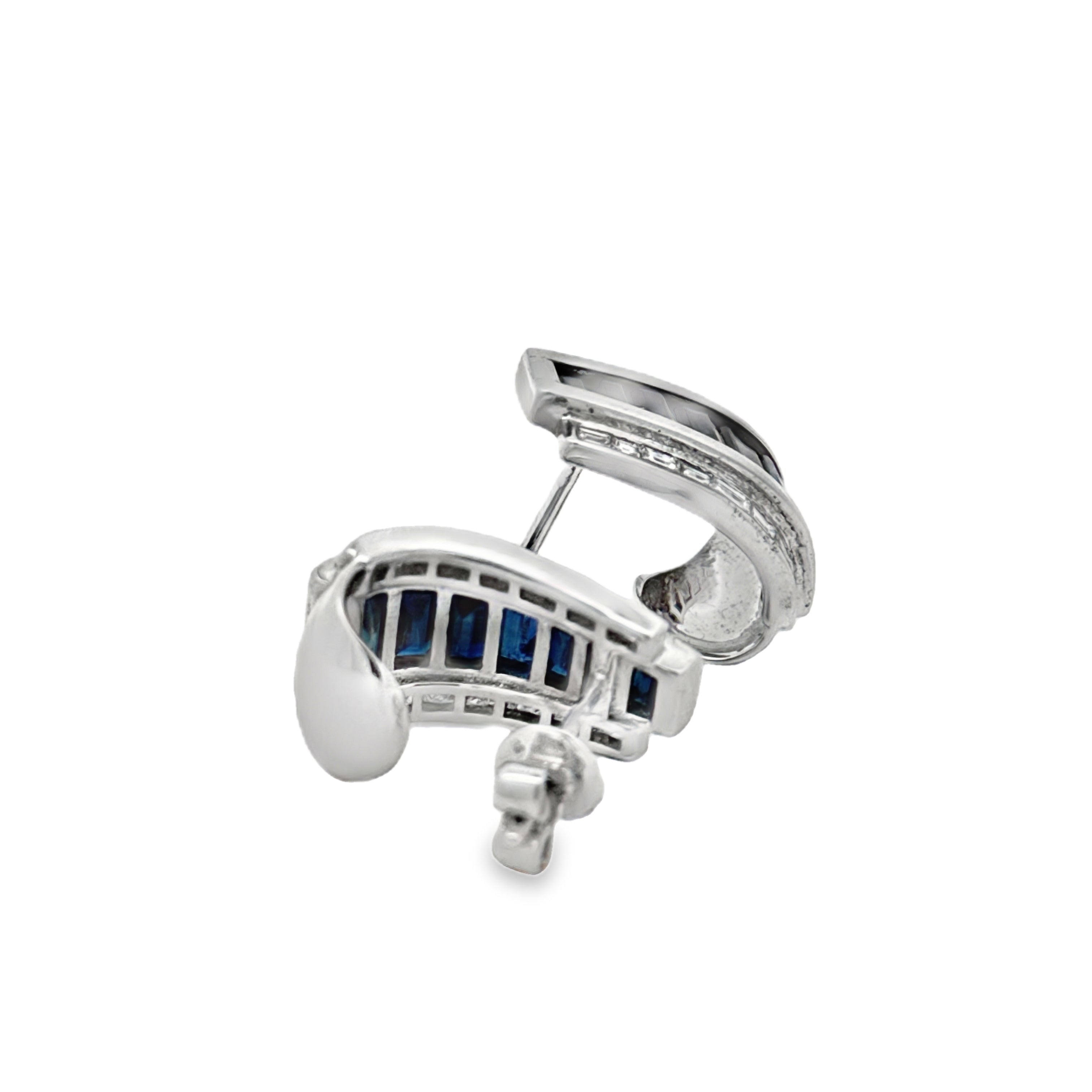 Designer Marchisio Earrings, 40 Baguette/Princess Cut Diamonds 0.95cttw G-H VS1-SI, 14 French Cut Sapphires 4.70cttw, 18K White Gold 9.81g. All Weights Estimated.