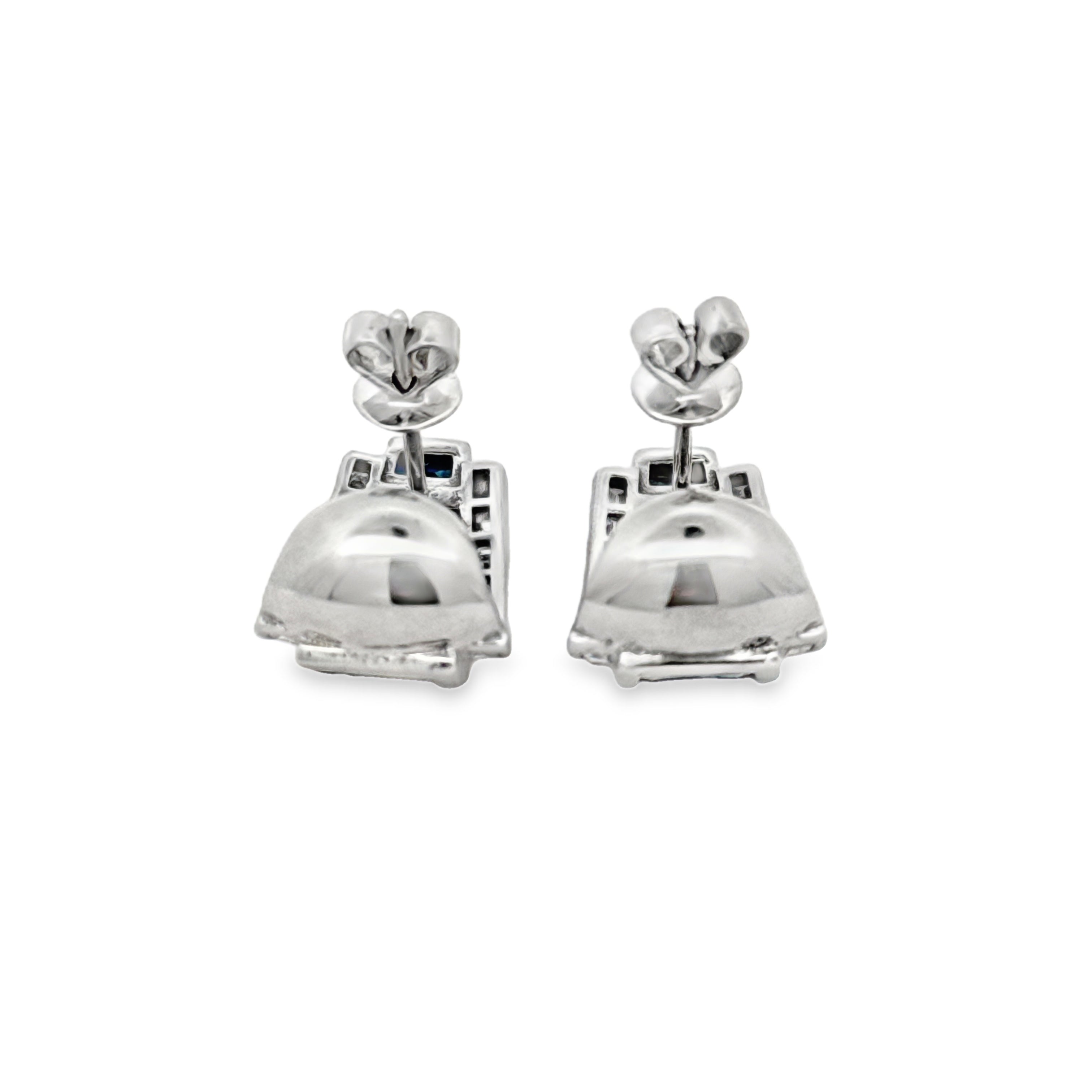 Designer Marchisio Earrings, 40 Baguette/Princess Cut Diamonds 0.95cttw G-H VS1-SI, 14 French Cut Sapphires 4.70cttw, 18K White Gold 9.81g. All Weights Estimated.