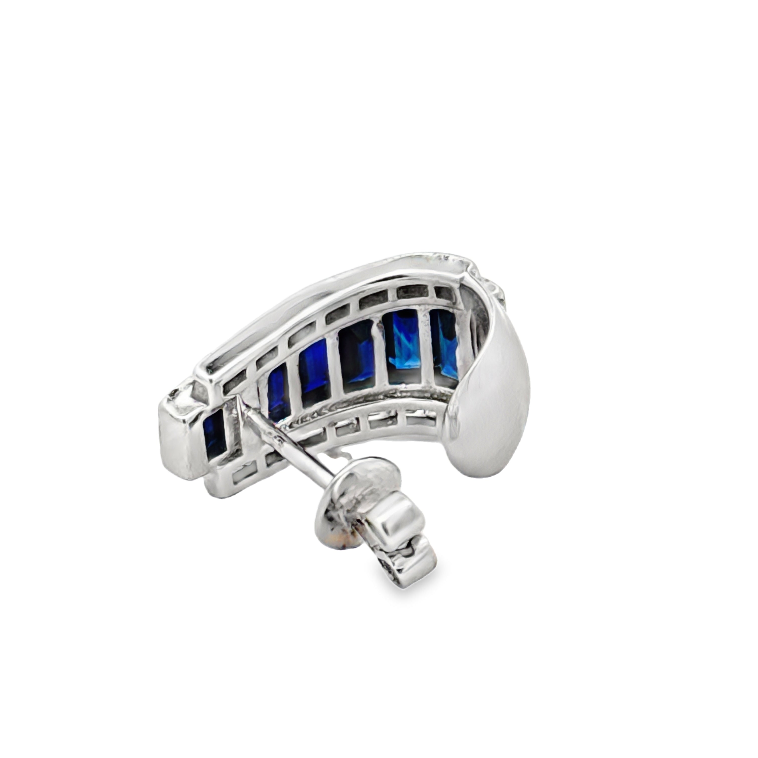Designer Marchisio Earrings, 40 Baguette/Princess Cut Diamonds 0.95cttw G-H VS1-SI, 14 French Cut Sapphires 4.70cttw, 18K White Gold 9.81g. All Weights Estimated.