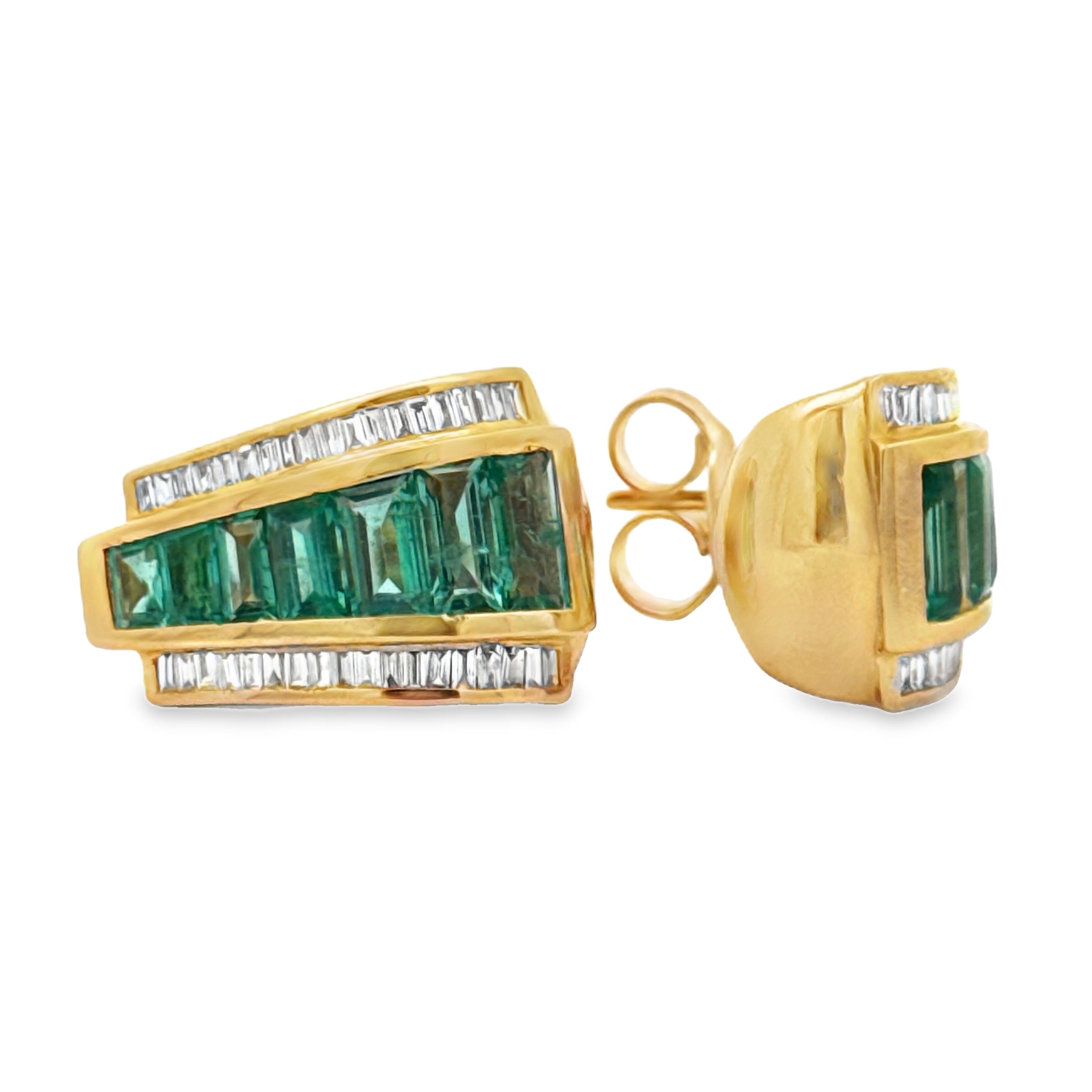 Designer Marchisio Earring, Baguette Cut Diamonds 0.62cttw H-I VS2-SI2, 13 French Cut Emeralds 3.45cttw, 14K Yellow Gold 9.10g. All Weights Estimated.
