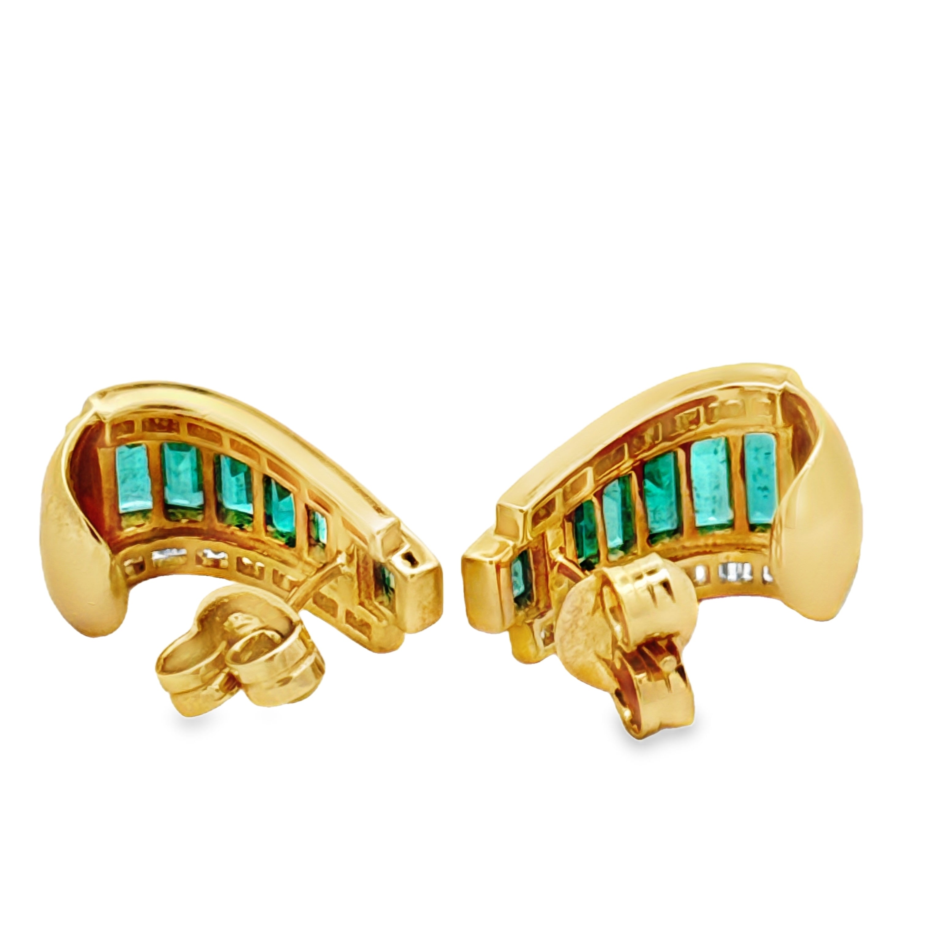 Designer Marchisio Earring, Baguette Cut Diamonds 0.62cttw H-I VS2-SI2, 13 French Cut Emeralds 3.45cttw, 14K Yellow Gold 9.10g. All Weights Estimated.