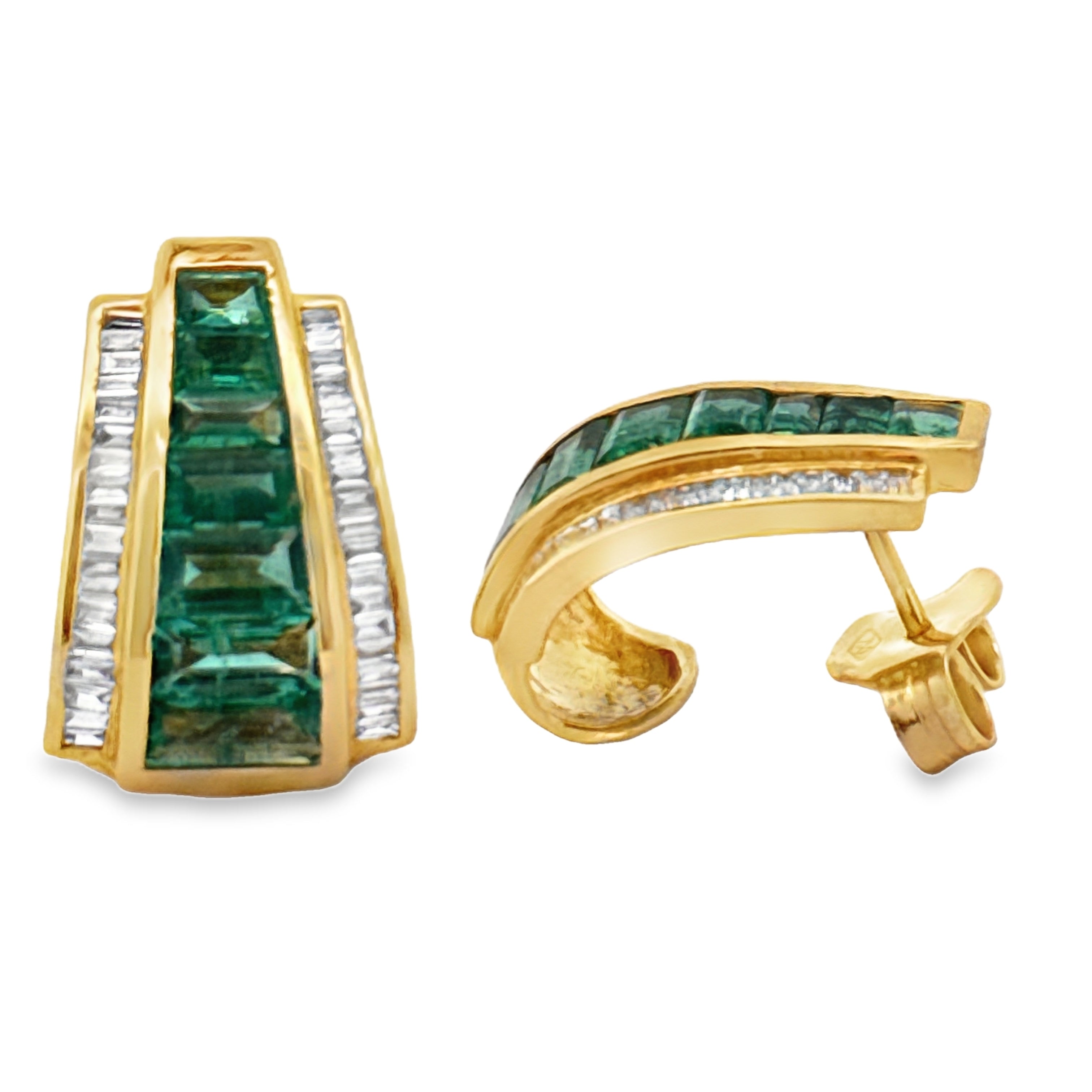 Designer Marchisio Earring, Baguette Cut Diamonds 0.62cttw H-I VS2-SI2, 13 French Cut Emeralds 3.45cttw, 14K Yellow Gold 9.10g. All Weights Estimated.