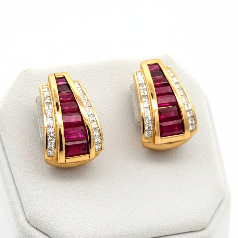 Designer Marchisio Earrings, Princess/Baguette Cut Diamonds 0.96cttw G-H VS2-SI, 14 Ruby French Cut 4.00cttw, 18K Yellow Gold 9.72g. All Weights Estimated.