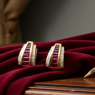 Designer Marchisio Earrings, Princess/Baguette Cut Diamonds 0.96cttw G-H VS2-SI, 14 Ruby French Cut 4.00cttw, 18K Yellow Gold 9.72g. All Weights Estimated.