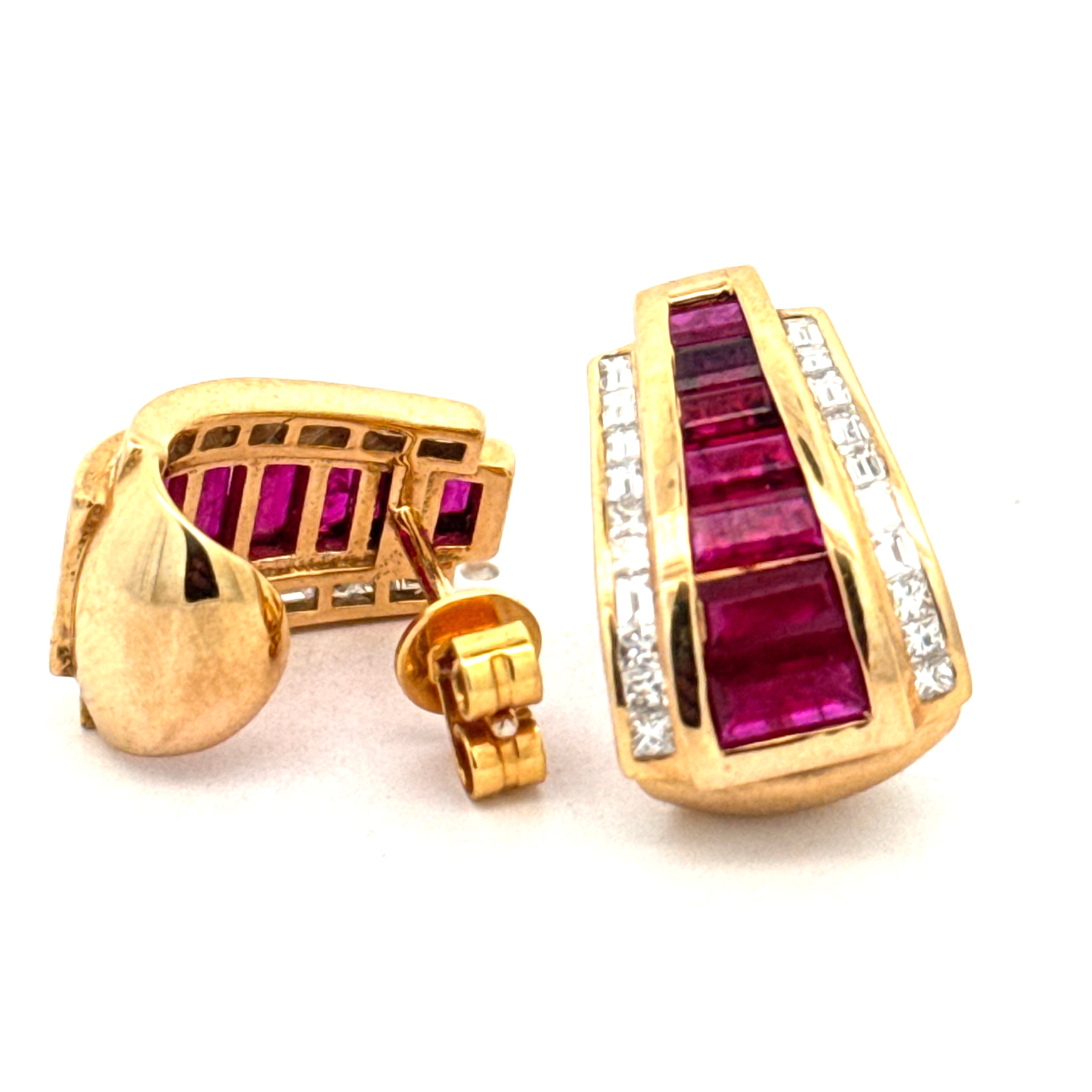 Designer Marchisio Earrings, Princess/Baguette Cut Diamonds 0.96cttw G-H VS2-SI, 14 Ruby French Cut 4.00cttw, 18K Yellow Gold 9.72g. All Weights Estimated.