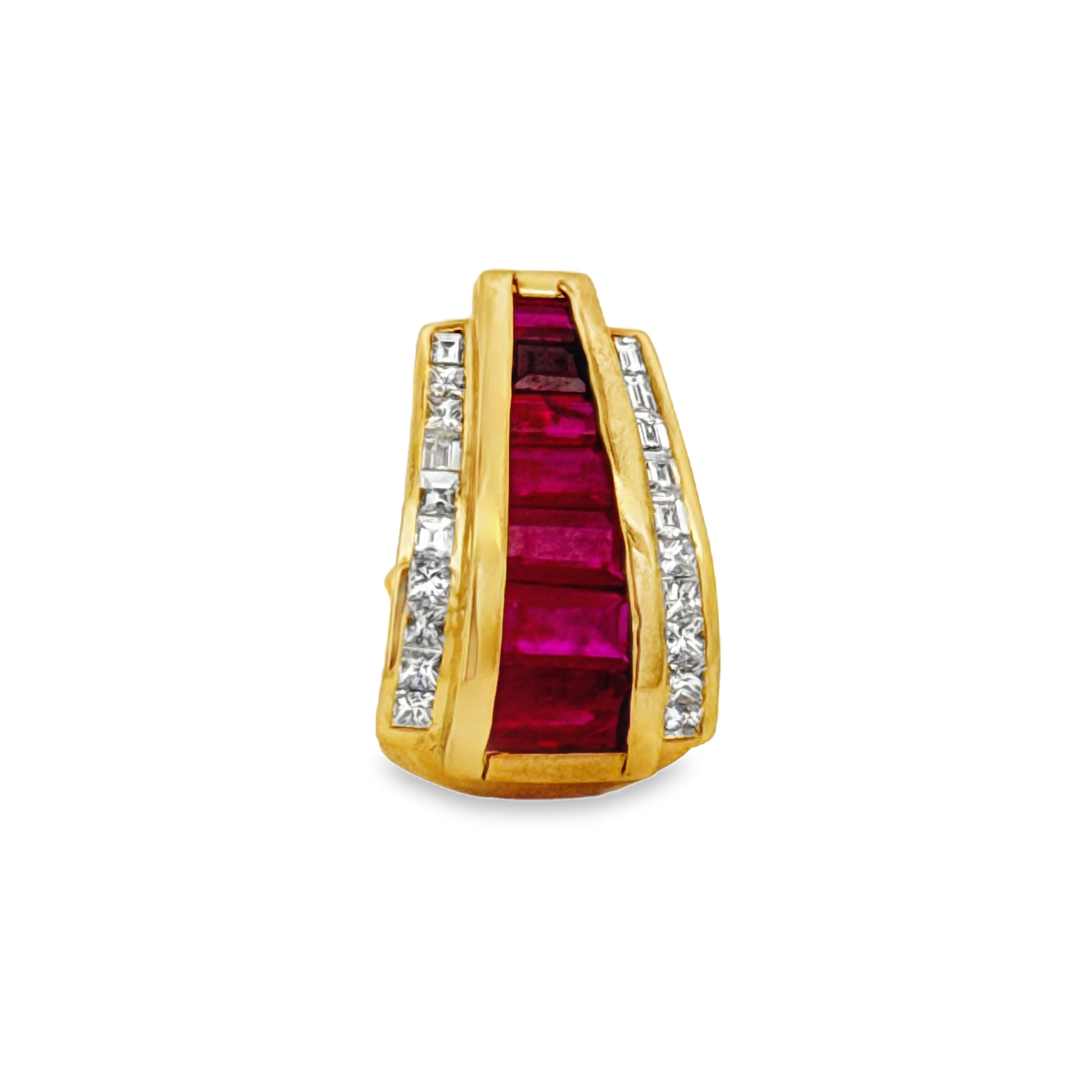 Designer Marchisio Earrings, Princess/Baguette Cut Diamonds 0.96cttw G-H VS2-SI, 14 Ruby French Cut 4.00cttw, 18K Yellow Gold 9.72g. All Weights Estimated.