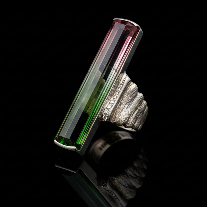 Designer Ring, Round Brilliant Cut Diamonds 0.16cttw G-H VS1-VS2, 1 Watermelon Tourmaline Cushion Modified 43.10ct, Platinum 34.40g. All Weights Estimated.