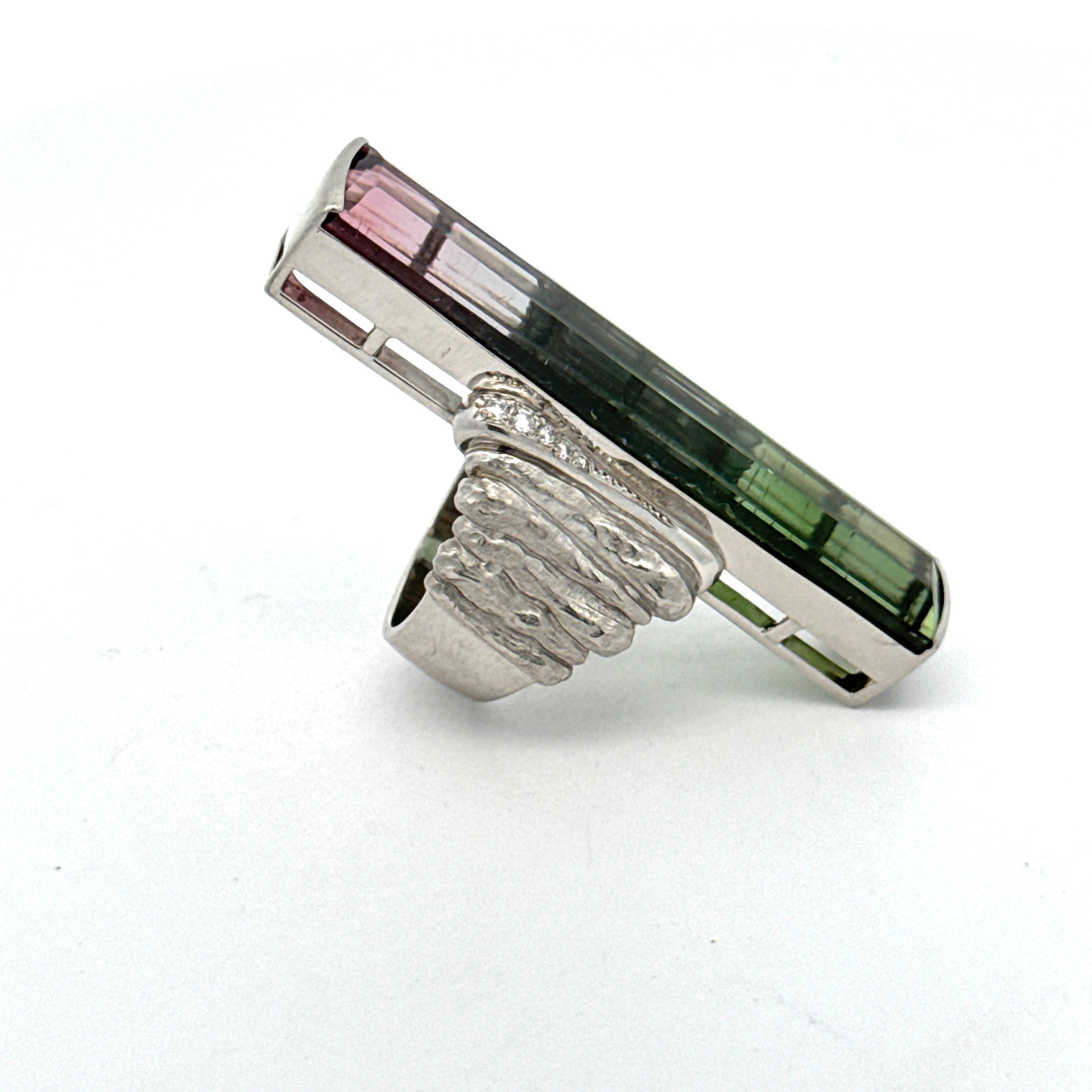 Designer Ring, Round Brilliant Cut Diamonds 0.16cttw G-H VS1-VS2, 1 Watermelon Tourmaline Cushion Modified 43.10ct, Platinum 34.40g. All Weights Estimated.