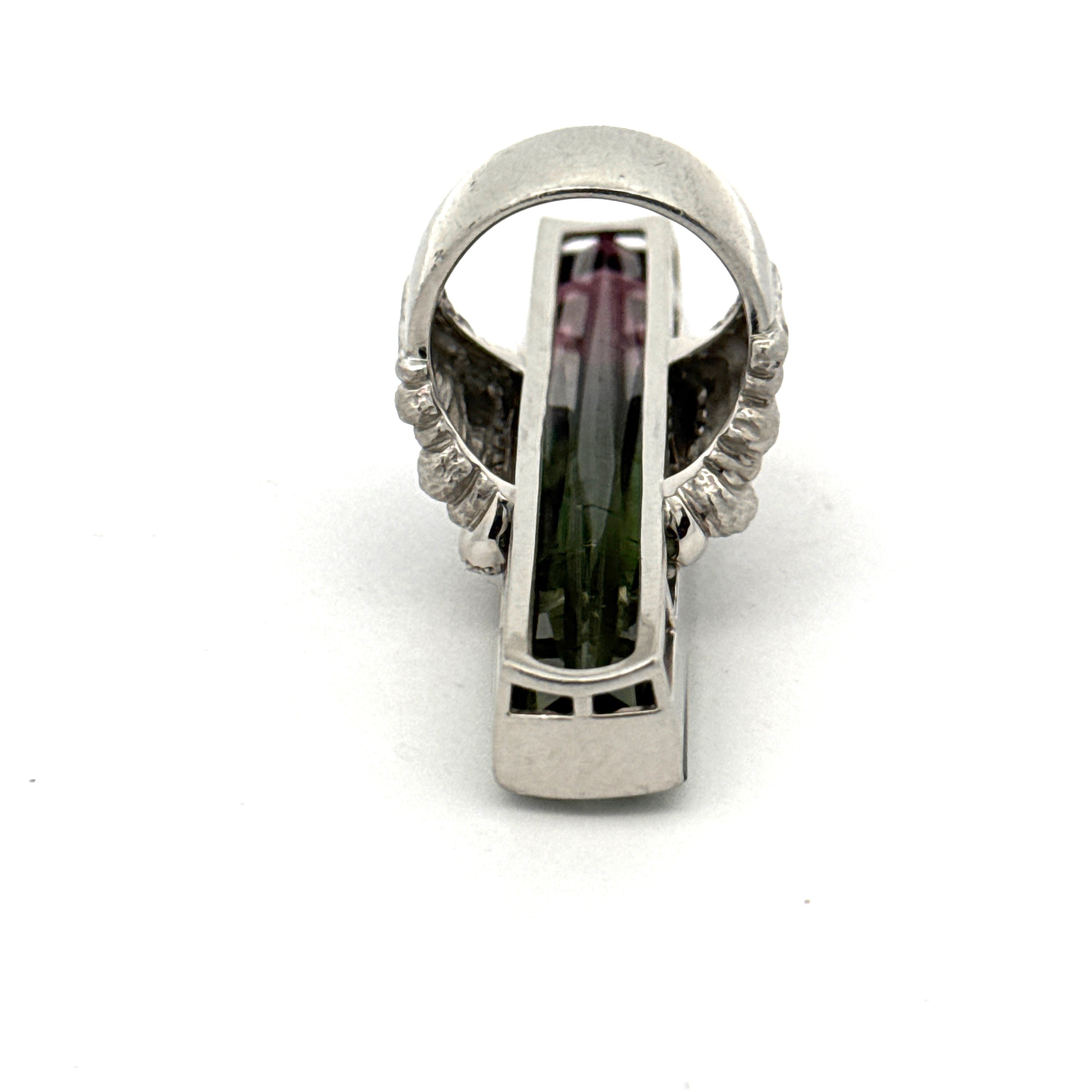 Designer Ring, Round Brilliant Cut Diamonds 0.16cttw G-H VS1-VS2, 1 Watermelon Tourmaline Cushion Modified 43.10ct, Platinum 34.40g. All Weights Estimated.
