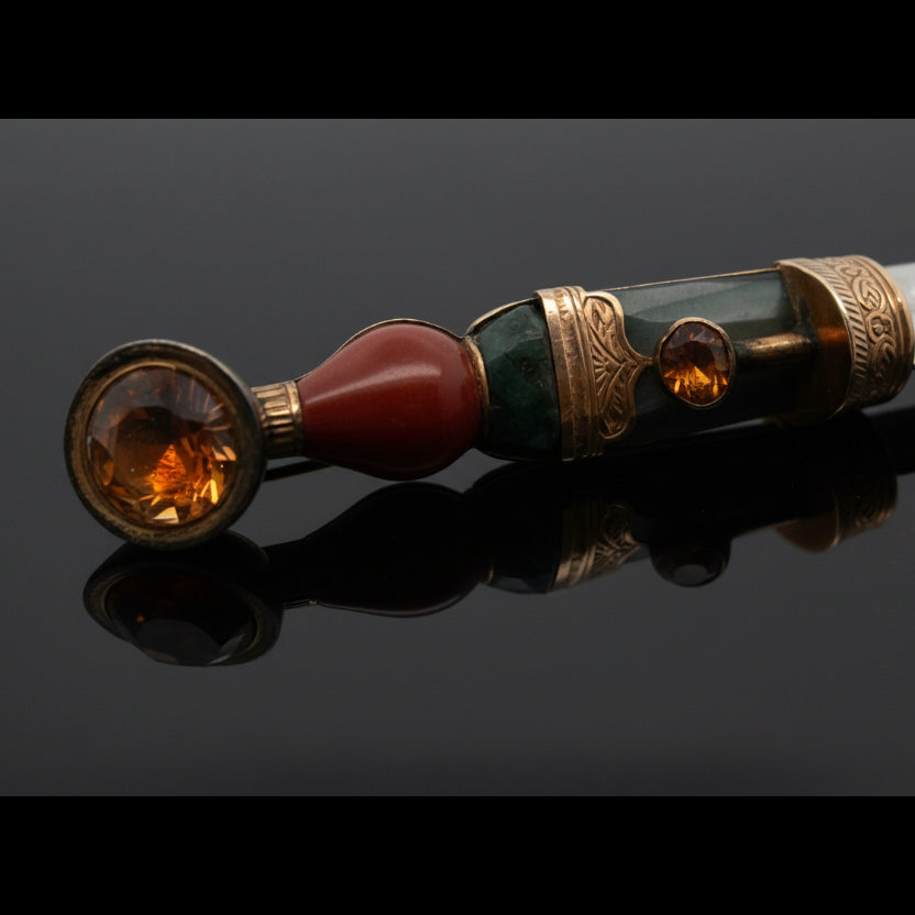 Brooch/Pendant, 3 Citrine Rounds 2.00cttw, 2 Camel Agate, 1 Malachite, 9KT Rose Gold 7.10g. All Weights Estimated.
