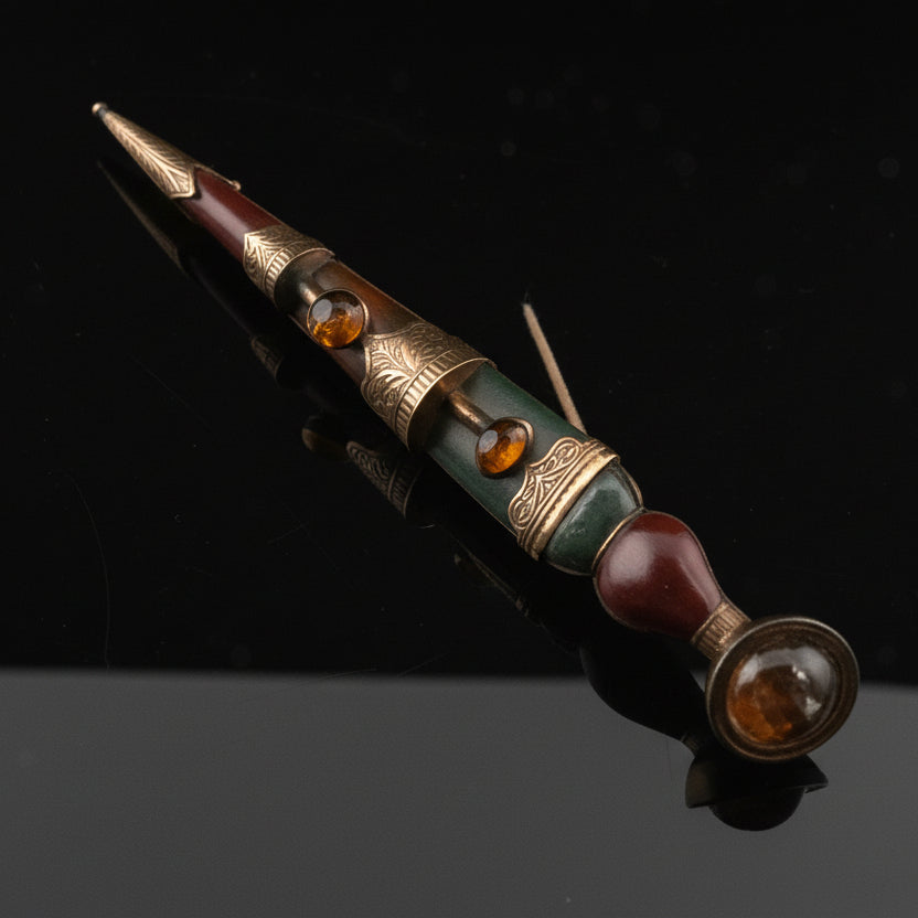 Brooch/Pendant, 3 Citrine Rounds 2.00cttw, 2 Camel Agate, 1 Malachite, 9KT Rose Gold 7.10g. All Weights Estimated.