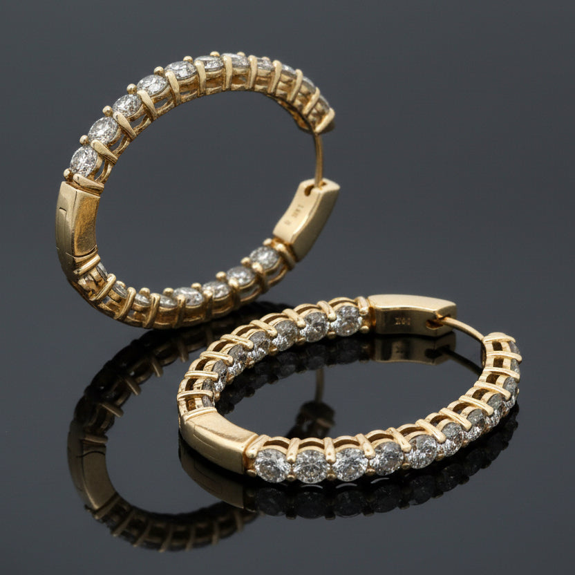 Hoop Earrings, 38 Round Brilliant Cut Diamonds 7.00cttw, 14K Yellow Gold. All Weights Estimated.