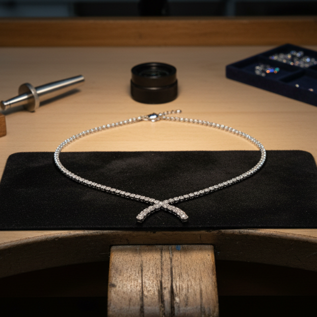 Wishbone Necklace, 162 Round Brilliant Cut Diamond 8.24cttw I-J VS1-VS2, 14K White Gold. All Weights Estimated.