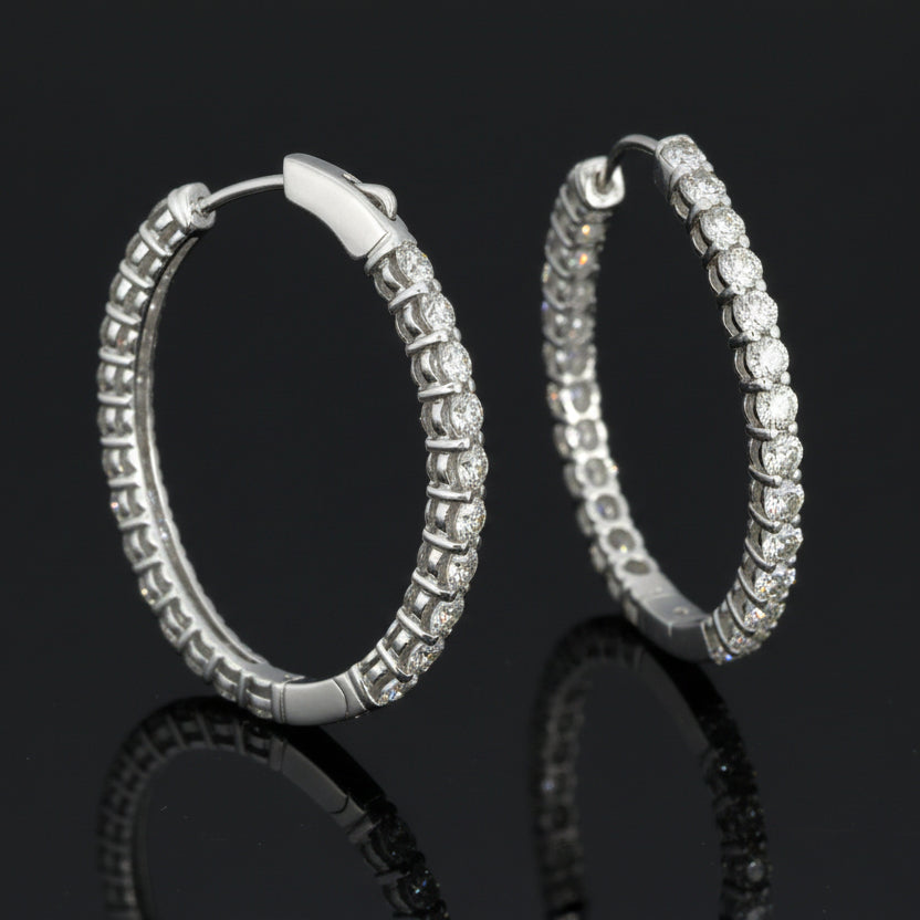 Hoops Earrings, 50 Round Brilliant Cut Diamonds 5.00cttw, 14K White Gold. All Weights Estimated.