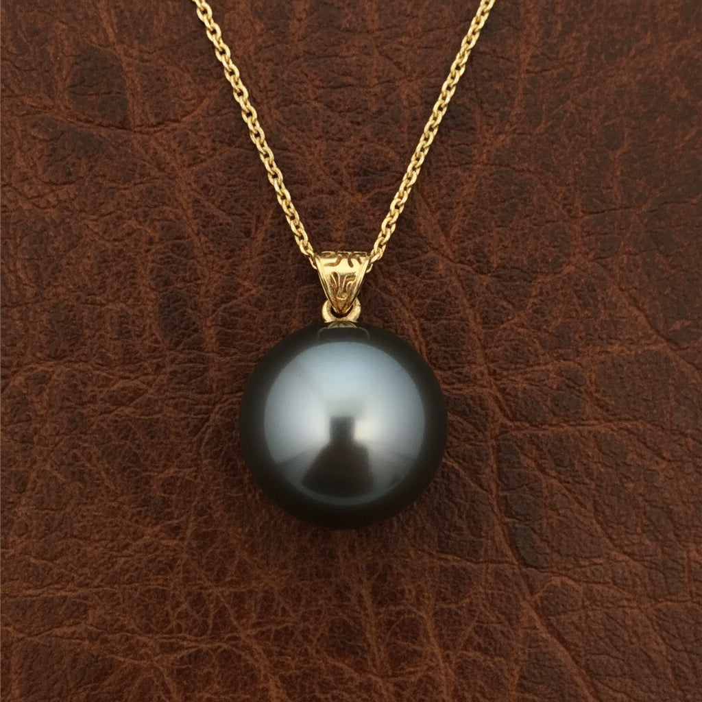 Designer Asseal Necklace1 Tahitian Pearl Round Grey 14K Yellow Gold 8.69g