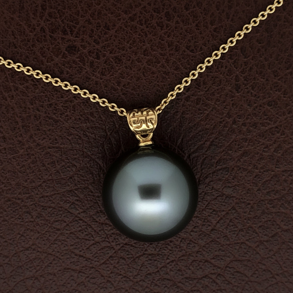 Designer Asseal Necklace1 Tahitian Pearl Round Grey 14K Yellow Gold 8.69g