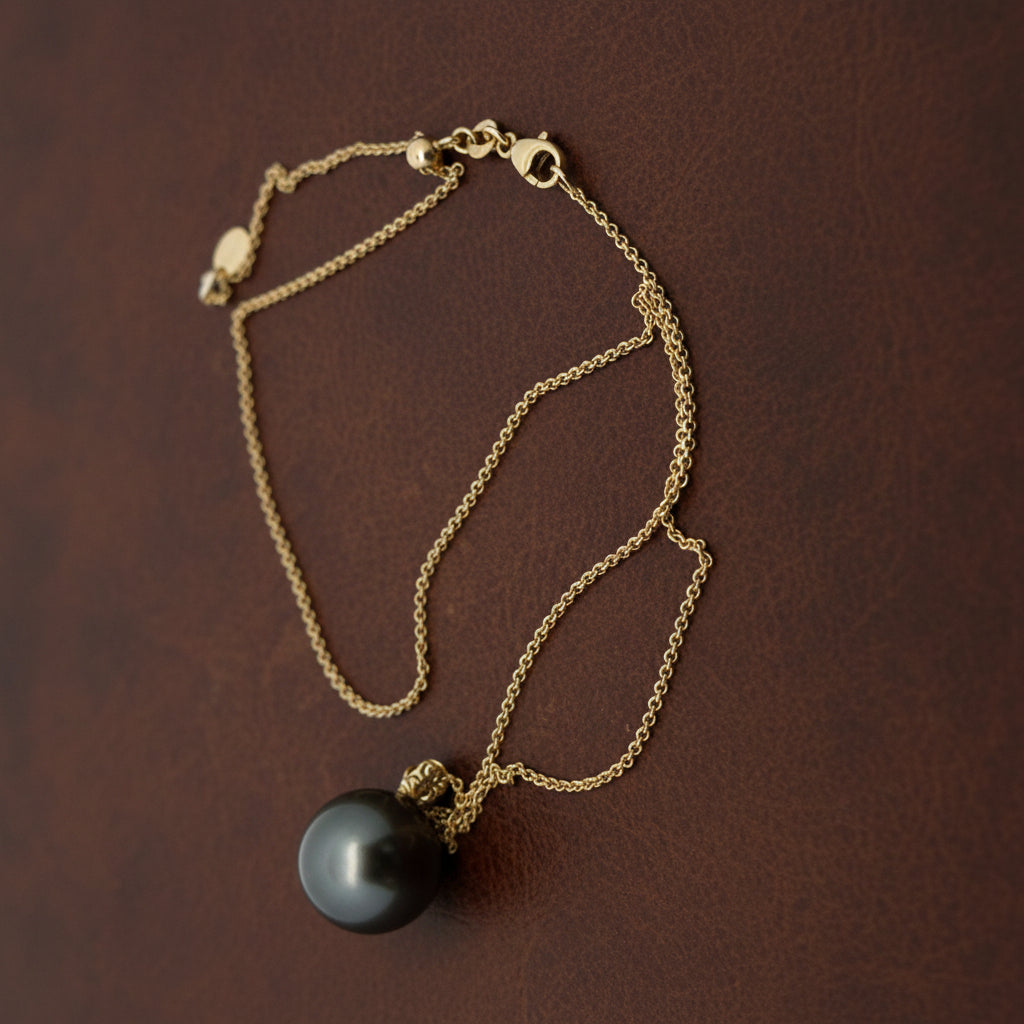 Designer Asseal Necklace1 Tahitian Pearl Round Grey 14K Yellow Gold 8.69g