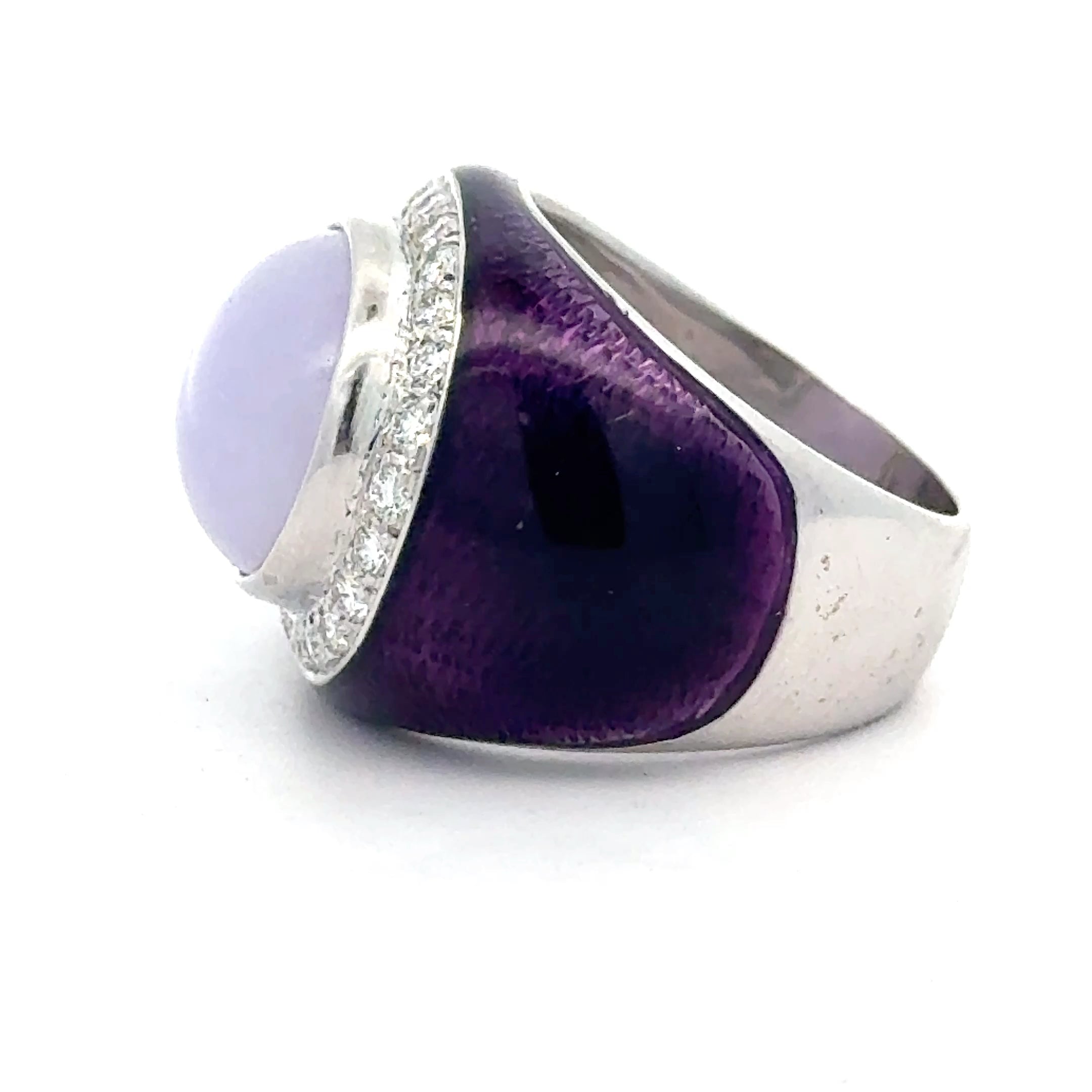 Designer Nini Ring, Round Brilliant Cut Diamonds 0.50cttw G-H VS2-SI, 1 Jadiete Cabochon Purple, Enamel Purple, 18K White/Yellow Gold 14.88g. All Weights Estimated.