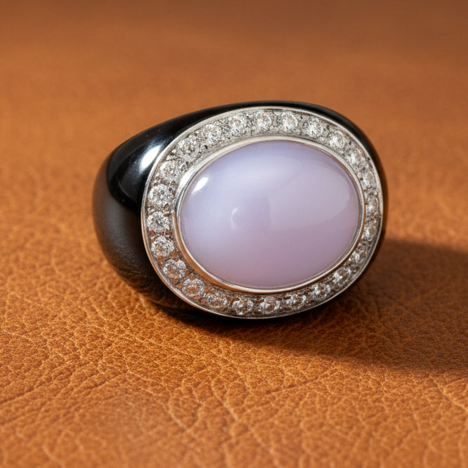 Designer Nini Ring, Round Brilliant Cut Diamonds 0.50cttw G-H VS2-SI, 1 Jadiete Cabochon Purple, Enamel Purple, 18K White/Yellow Gold 14.88g. All Weights Estimated.