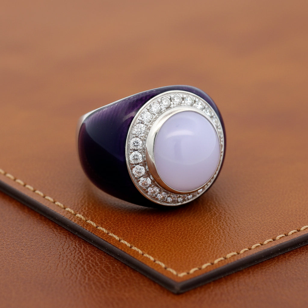 Designer Nini Ring, Round Brilliant Cut Diamonds 0.50cttw G-H VS2-SI, 1 Jadiete Cabochon Purple, Enamel Purple, 18K White/Yellow Gold 14.88g. All Weights Estimated.