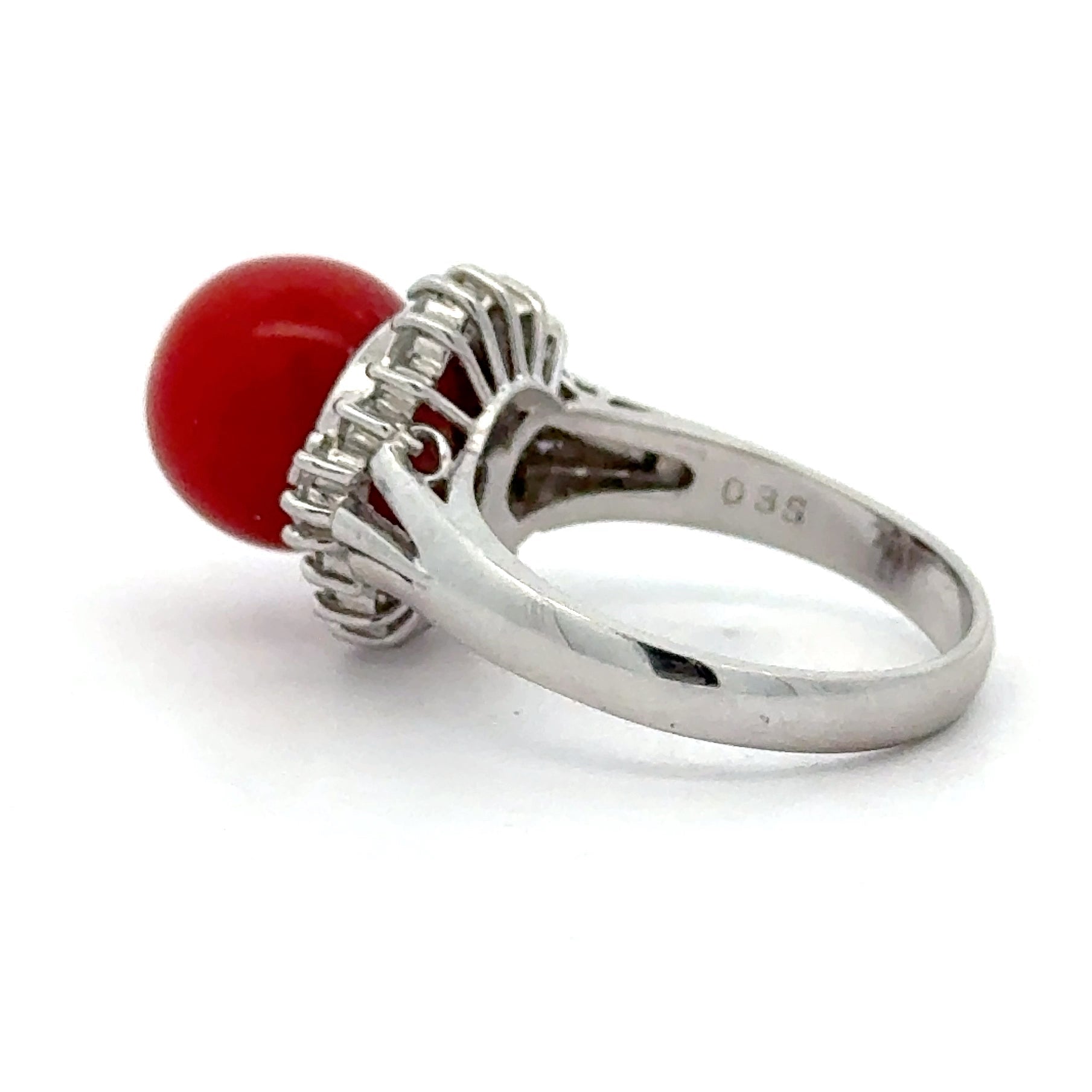 Estate Ring, Round/Baguette Cut Diamond 0.35cttw.  G-H SI1-SI2,1 Coral Round RED Platinum 7.56g (All Weights Estimated)