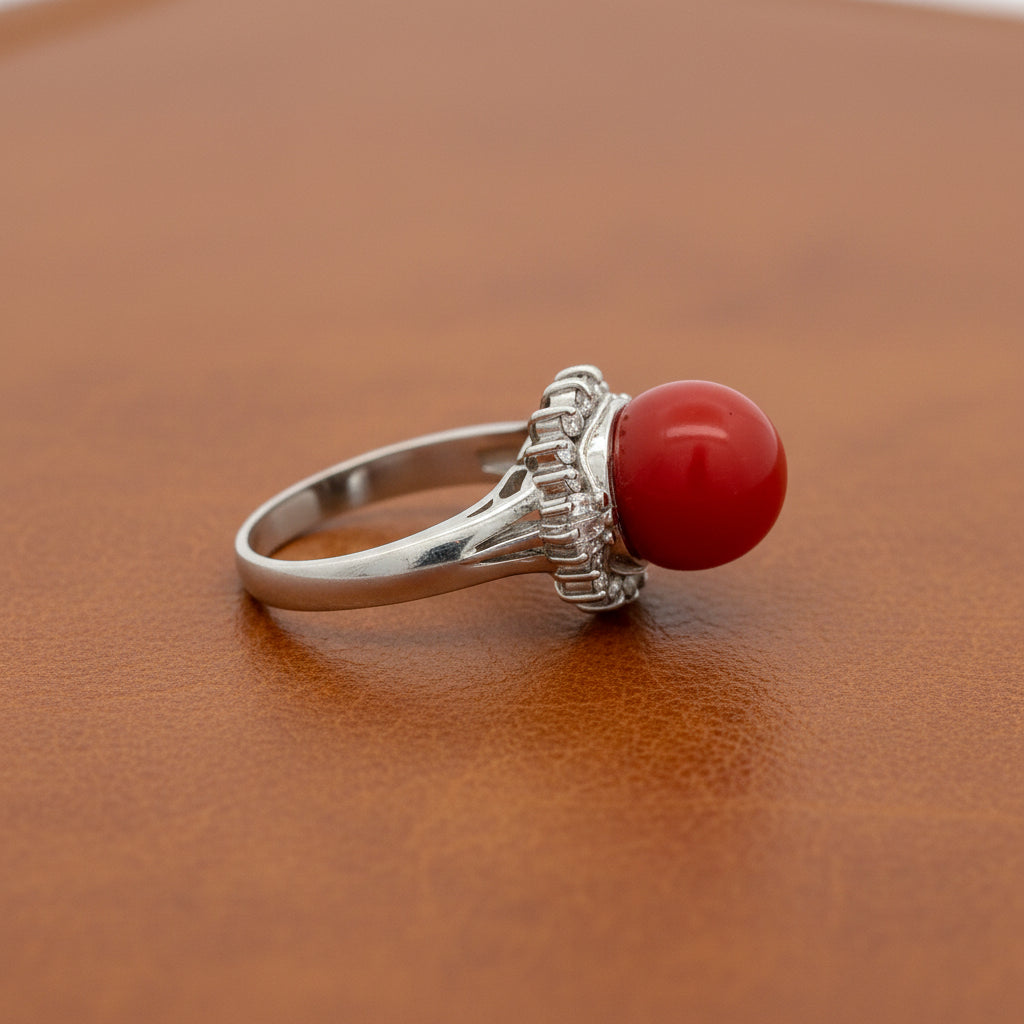 Estate Ring, Round/Baguette Cut Diamond 0.35cttw.  G-H SI1-SI2,1 Coral Round RED Platinum 7.56g (All Weights Estimated)