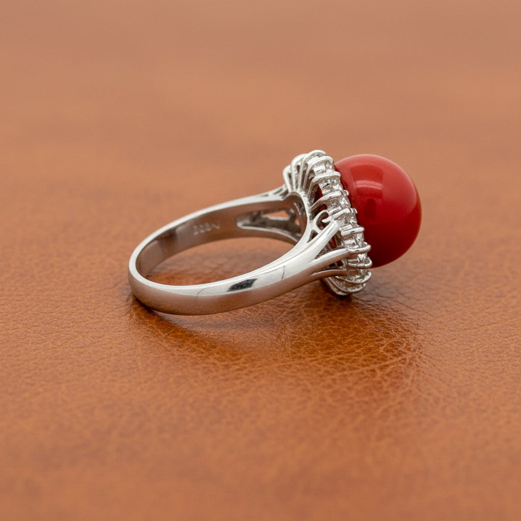 Estate Ring, Round/Baguette Cut Diamond 0.35cttw.  G-H SI1-SI2,1 Coral Round RED Platinum 7.56g (All Weights Estimated)