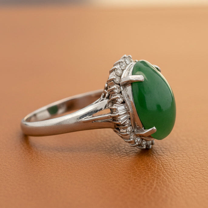Estate Ring, Round/Baguette Cut Diamond 0.36 cttw  H-I SI1-SI2,1 Jade Cabochon Platinum 7.83g (All weights estimated)