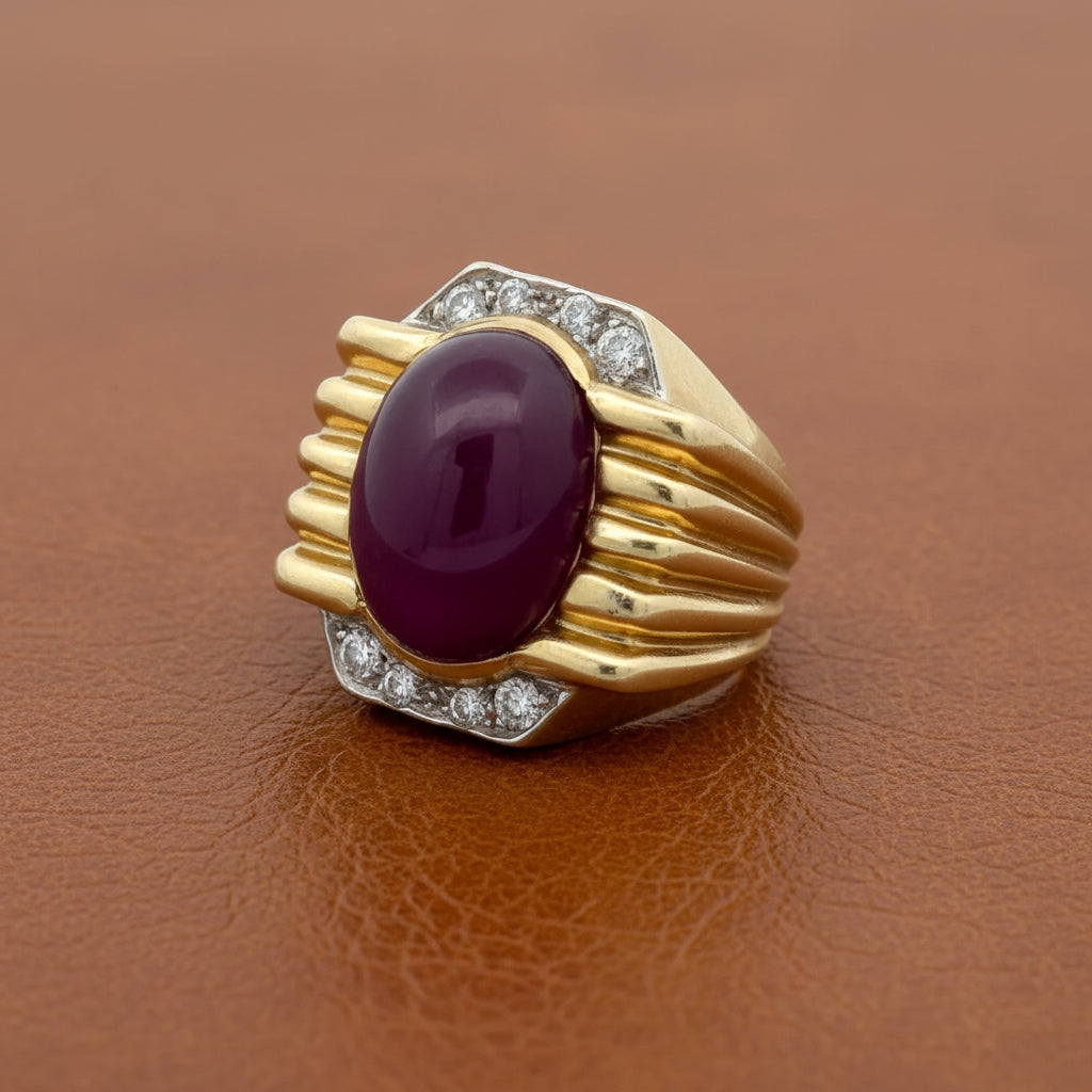Estate Ring, 8 Round Brilliant Cut Diamond 0.35 cttw I-J SI1-SI2,1 Ruby Oval Cabochon 20.00 ct, 18K Yellow/White Gold 23.74g (All Weights Estimated)