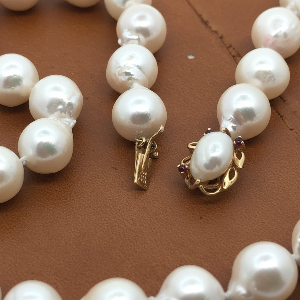 Estate Necklace, 38 South Sea Pearl Color White-Light Rose Baroque Cut 9-9.5mm, 1 Biwa Freshwater Pearl 8mm, 14K Yellow Gold. All Weights Estimated.