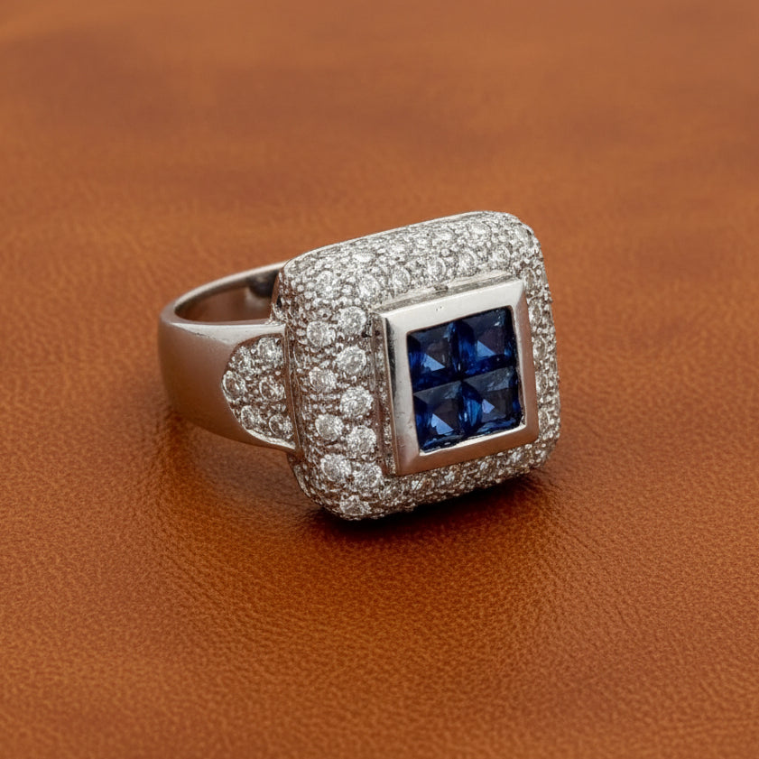 R. TONE Ring, 92 Round Brilliant Cut Diamonds 1.72cttw G VS, 4 Sapphire Square 1.38ct, Platinum 19.12g, All weights estimated.