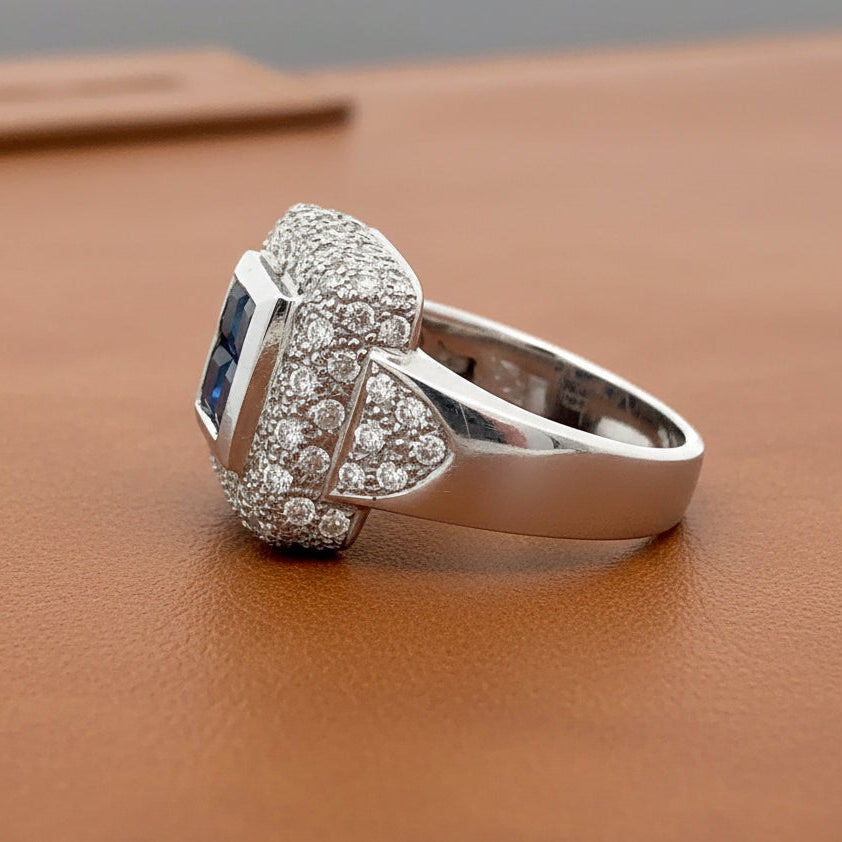 R. TONE Ring, 92 Round Brilliant Cut Diamonds 1.72cttw G VS, 4 Sapphire Square 1.38ct, Platinum 19.12g, All weights estimated.