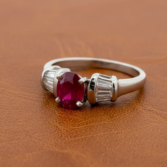 Estate Ring, 6 Baguette Cut Diamonds 0.33cttw G-H VS2-SI1, 1 Ruby Oval 1.17ct, Platinum 6.22g. All Weights Estimated.