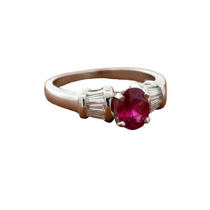 Estate Ring, 6 Baguette Cut Diamonds 0.33cttw G-H VS2-SI1, 1 Ruby Oval 1.17ct, Platinum 6.22g. All Weights Estimated.