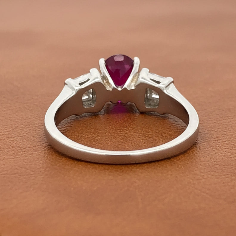 Estate Ring, 6 Baguette Cut Diamonds 0.33cttw G-H VS2-SI1, 1 Ruby Oval 1.17ct, Platinum 6.22g. All Weights Estimated.