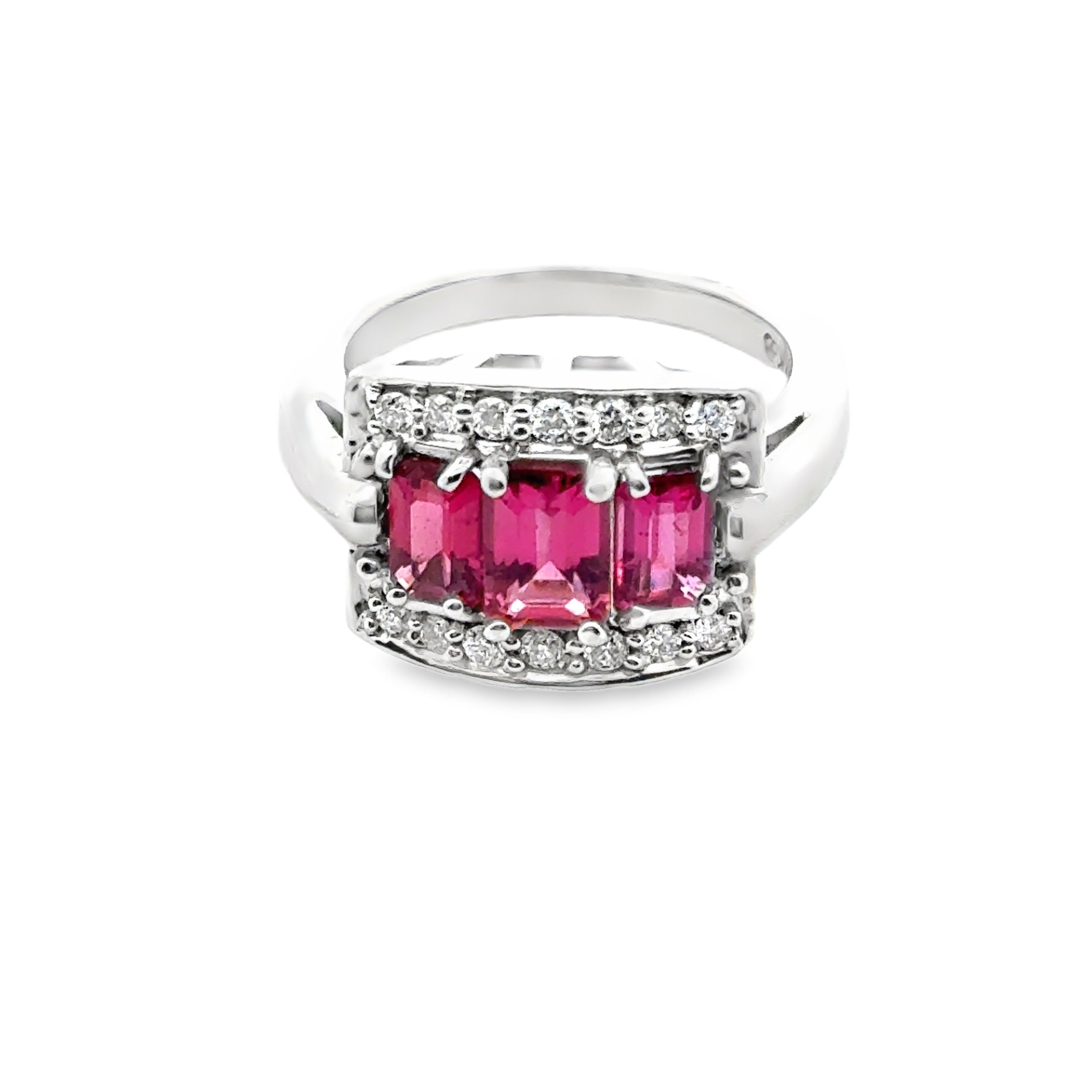 Designer Ring, 14 Round Brilliant Cut Diamond 0.30 cttw G-H VS1,3 Tourmaline Emerald Cut 1.50 cttw  14K White Gold 7.99g. All weights estimated.