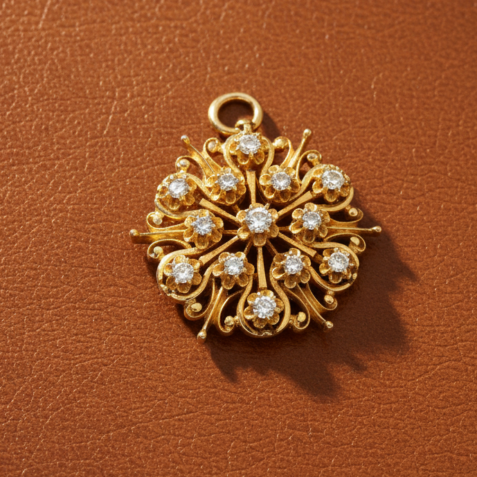 Estate Brooch/Pendant 13 OEC/OMC Cut Diamond 0.40 cttw  I-J SI1-I1 14K Yellow Gold 9.54g. All weights estimated
