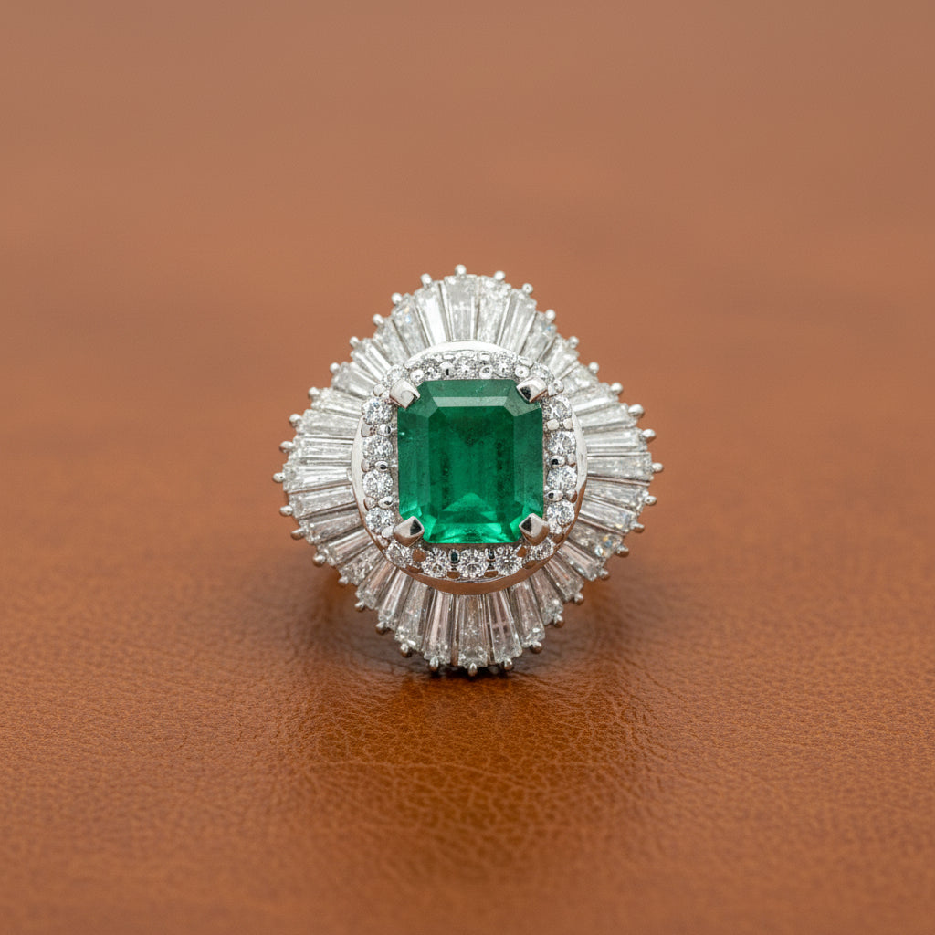 Estate Ring, Mixed Cut Diamond 2.48cttw G-H VS2-SI1, 1 Emerald Emerald Cut 2.03ct Colombia F1 GIA #751881452, Platinum 12.81g. All weights estimated.