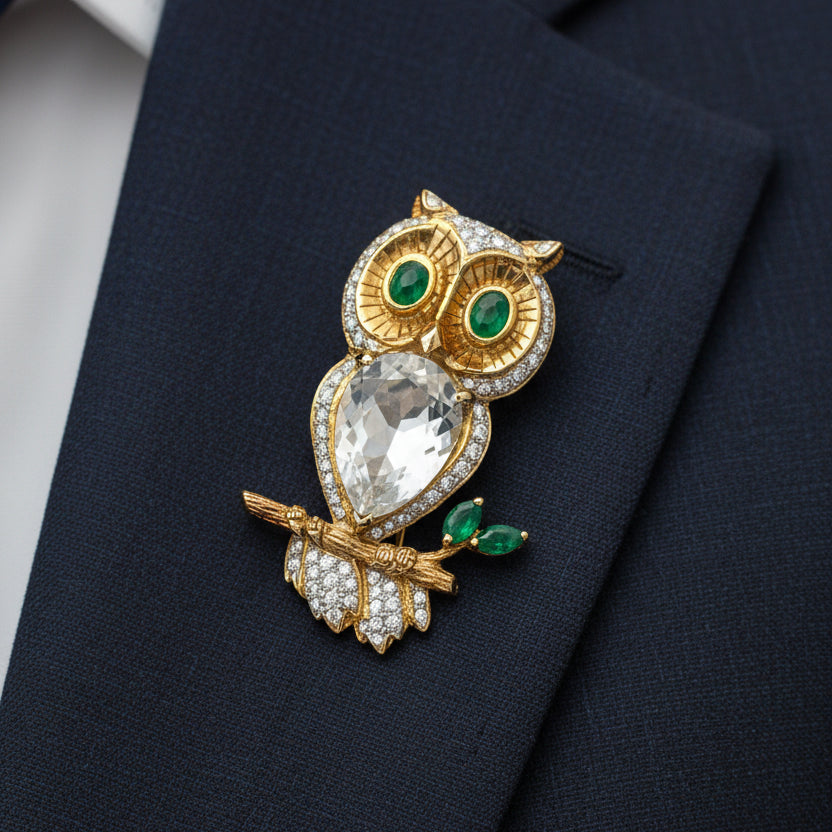 Estate Brooch/Pendant, Round Brilliant Cut Diamond 0.48cttw  G-H VS1-SI1, Emerald Mixed Cut (Marquise/Cabochon) 0.54ct , Rock Crystal Pear Shape 18K Yellow Gold 11.35g