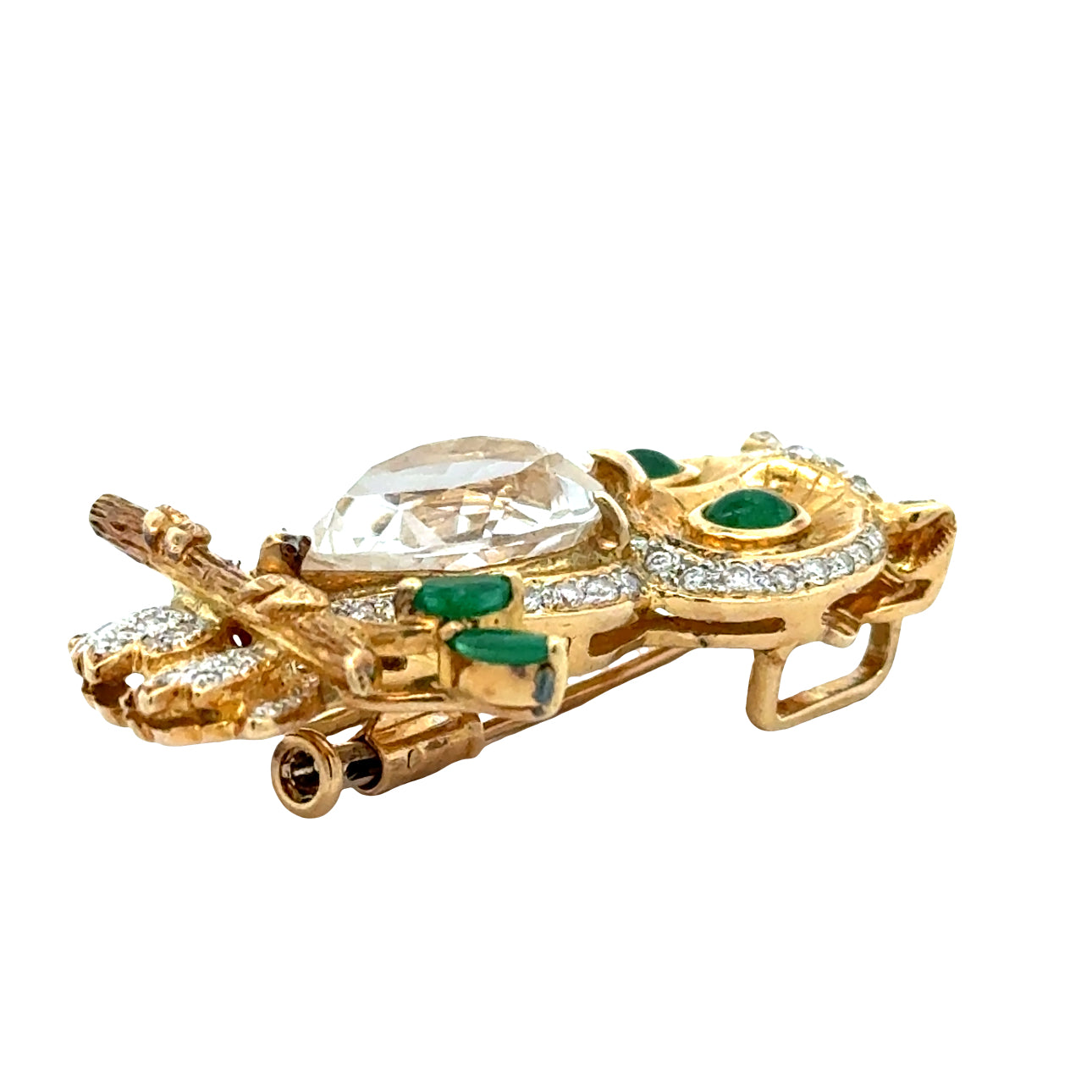 Estate Brooch/Pendant, Round Brilliant Cut Diamond 0.48cttw  G-H VS1-SI1, Emerald Mixed Cut (Marquise/Cabochon) 0.54ct , Rock Crystal Pear Shape 18K Yellow Gold 11.35g