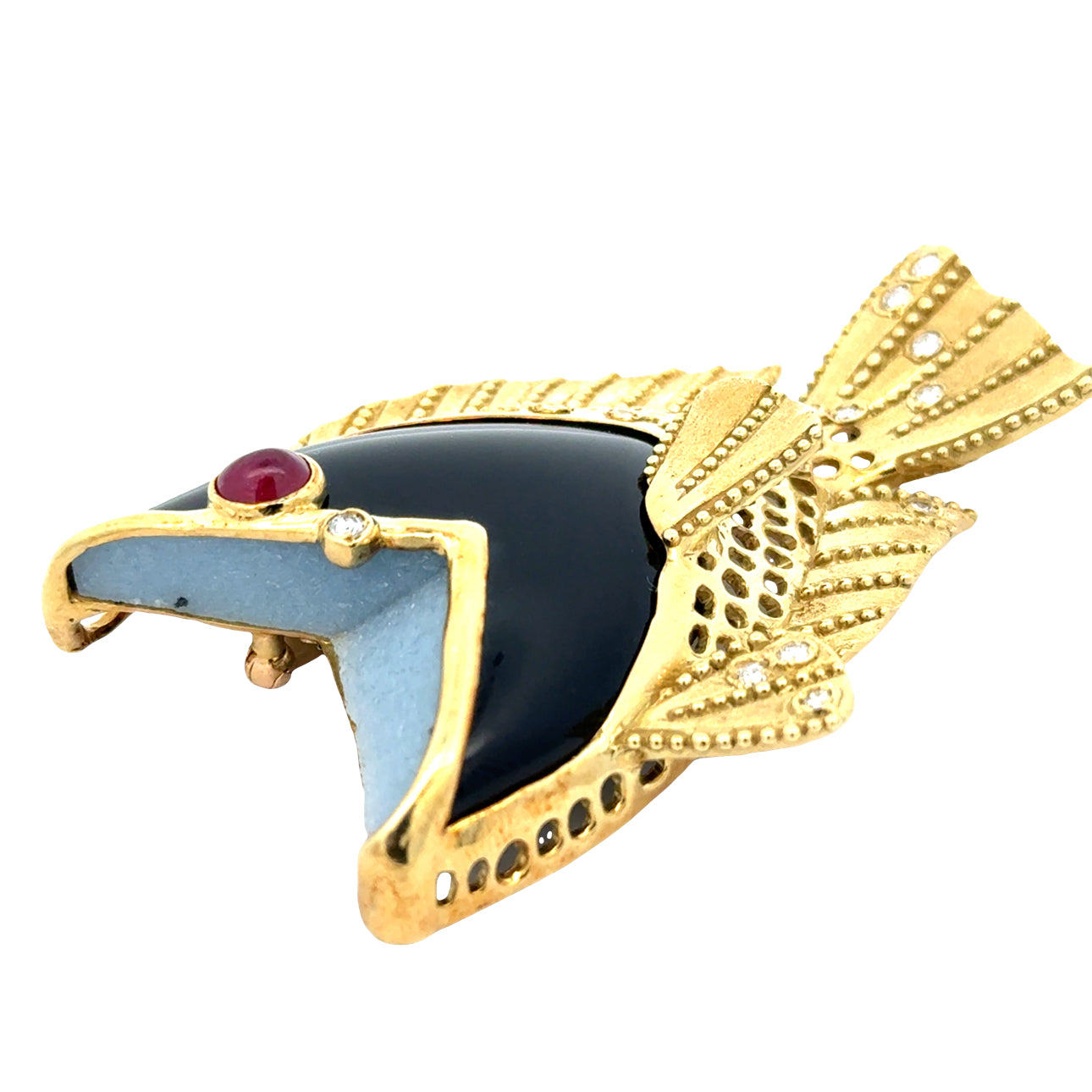Estate Italian Brooch/Pendant, Round Brilliant Cut Diamond 0.71cttw  G-H VS2-SI2,1 Ruby Cabochon 0.49 ct , Onyx Carved 18K Yellow Gold 27.99g