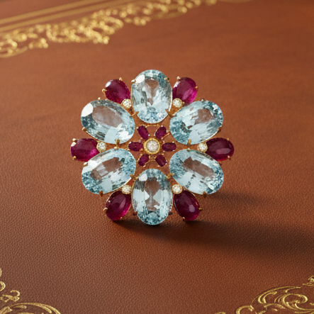 Italian Ring, 8 Round Brilliant Cut Diamond 0.85 cttw  I-J SI2-I1,7 Blue Topaz Oval 90.00 cttw ,12 Ruby  Oval Cabochon 12.00 cttw  18K Yellow Gold 46.13g. All weights estimated.