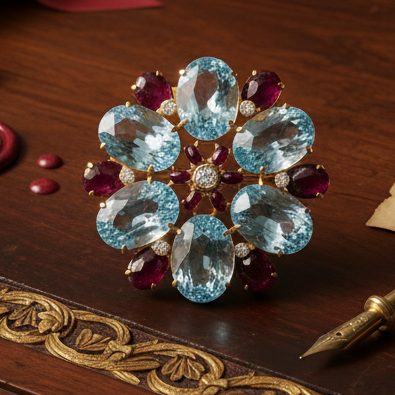 Italian Ring, 8 Round Brilliant Cut Diamond 0.85 cttw  I-J SI2-I1,7 Blue Topaz Oval 90.00 cttw ,12 Ruby  Oval Cabochon 12.00 cttw  18K Yellow Gold 46.13g. All weights estimated.