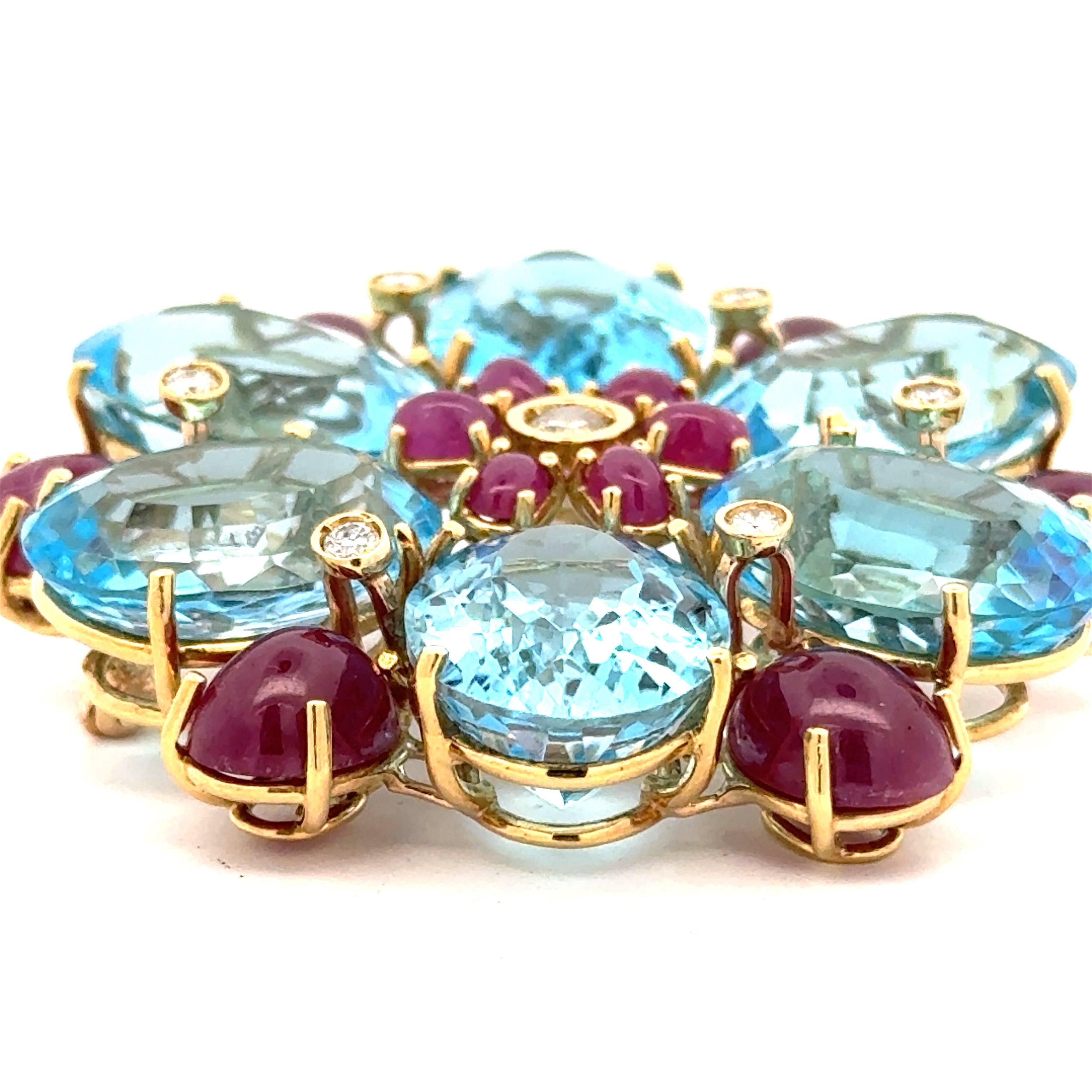 Italian Ring, 8 Round Brilliant Cut Diamond 0.85 cttw  I-J SI2-I1,7 Blue Topaz Oval 90.00 cttw ,12 Ruby  Oval Cabochon 12.00 cttw  18K Yellow Gold 46.13g. All weights estimated.