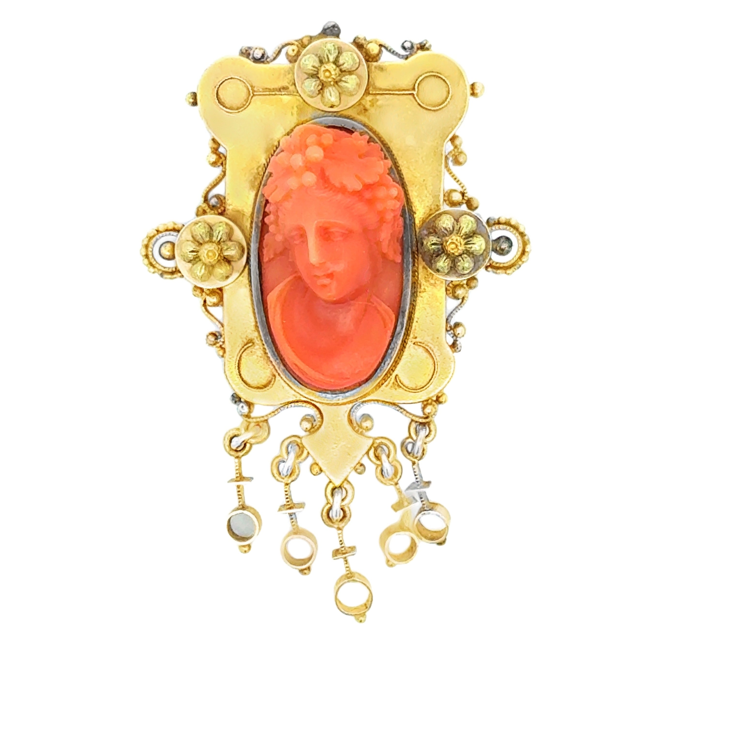 Estate Brooch/Pendant1 Carved Coral Cameo Oval 14K Yellow Gold 13.17g. All weights estimated
