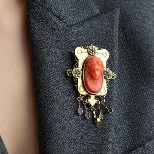 Estate Brooch/Pendant1 Carved Coral Cameo Oval 14K Yellow Gold 13.17g. All weights estimated