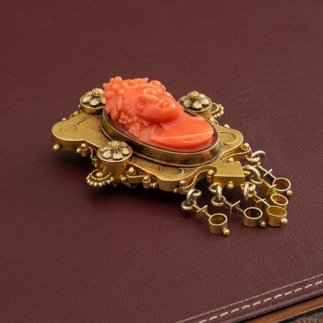 Estate Brooch/Pendant1 Carved Coral Cameo Oval 14K Yellow Gold 13.17g. All weights estimated