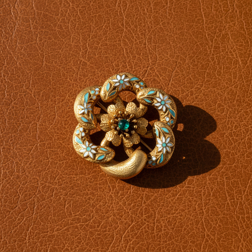 Estate Brooch/Pendant,1 Emerald Cabochon 0.10 ct , Enamel 14K Yellow Gold 7.52g